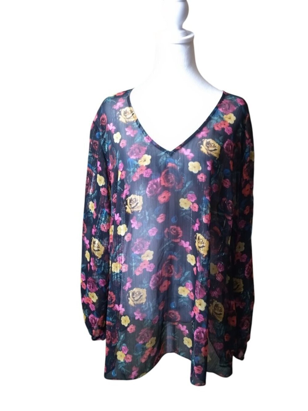 Rachel Roy Sheer Floral Blouse Lace Accent Sheer Blouse Size 2X Cottagecore